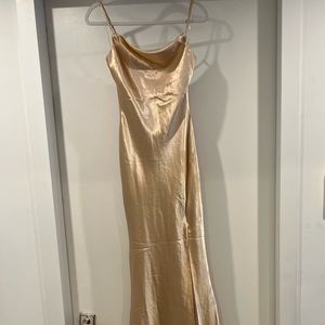 Women’s Metallic Champagne Gold Satin Cowl Neck Slip Dress